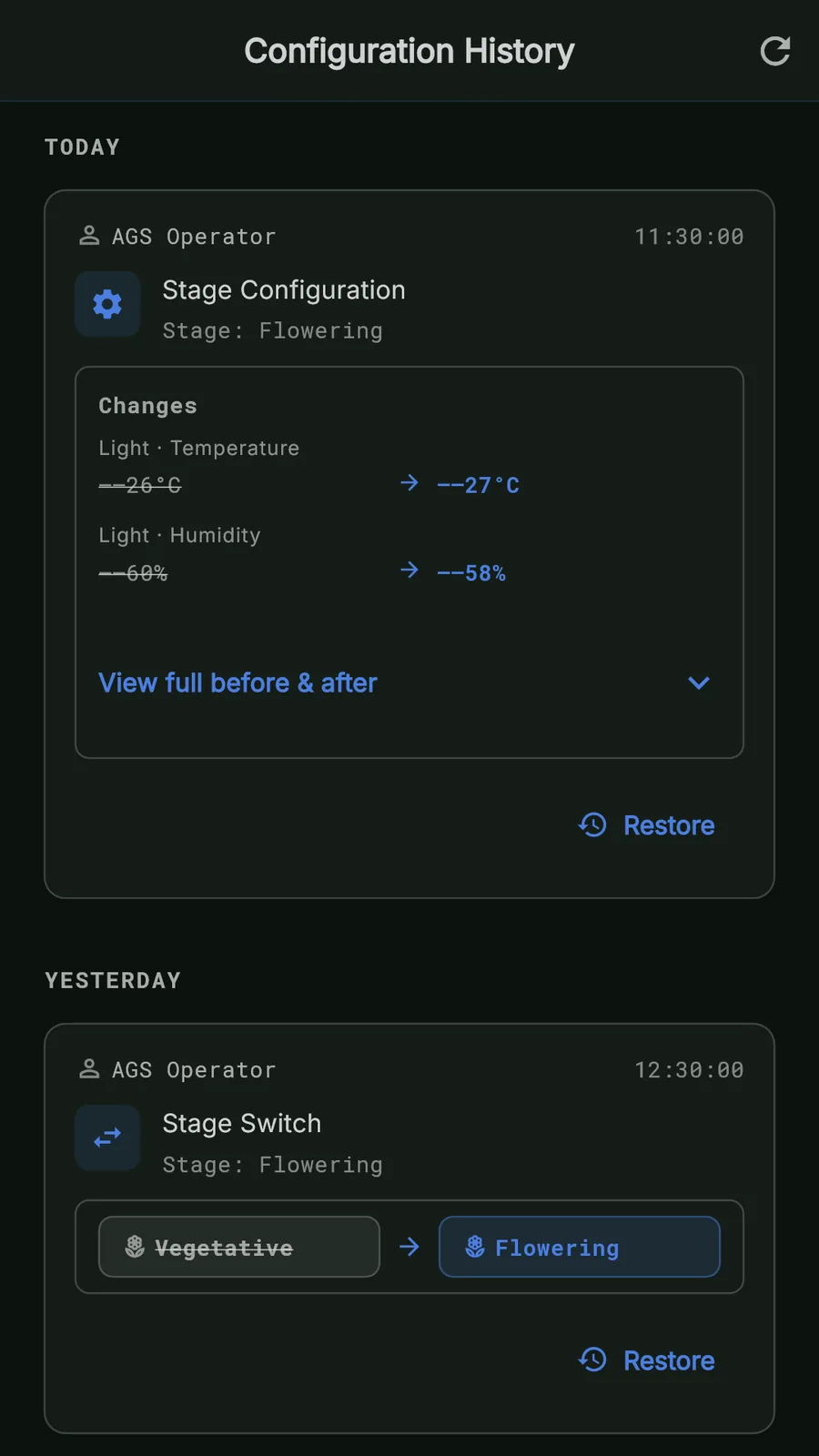 AGS configuration history